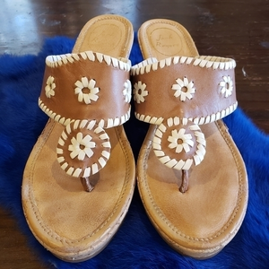 Jack Rogers Brown Leather Floral Slide Sandals with White Trim